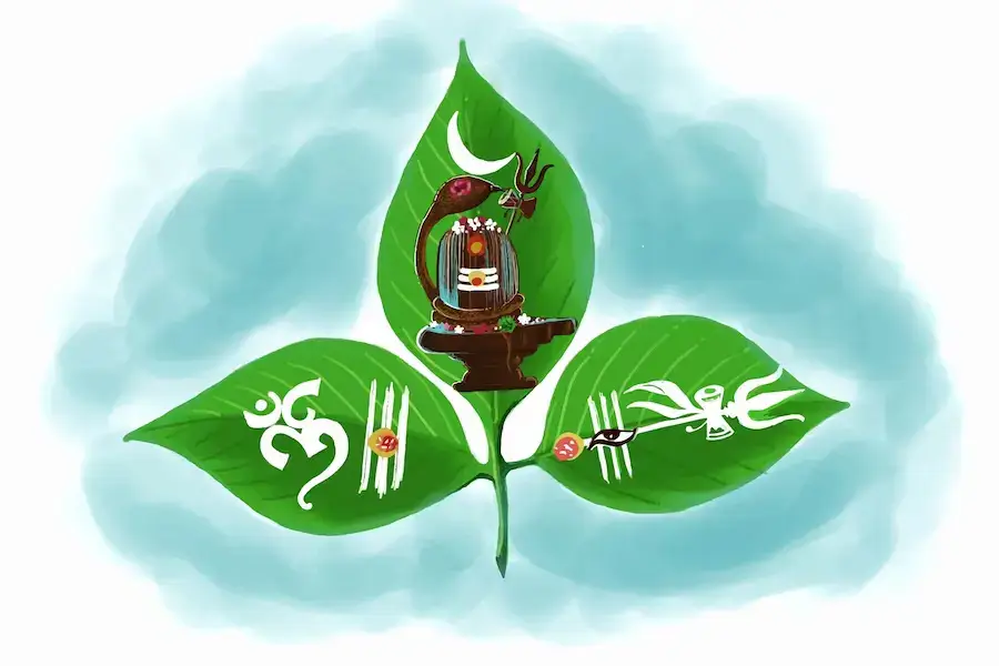A belpatra leaf with shivling, om, and damroo in trishul for sawan somwar